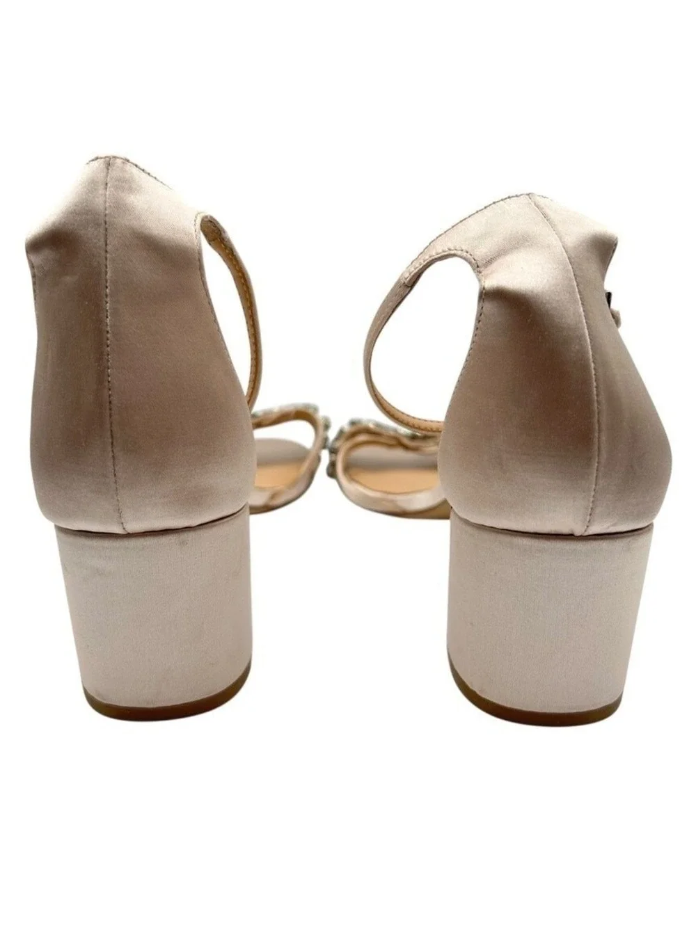 Jewel Badgley Mischka Champagne Satin Crystal Embellished Block Heels Size 8.5